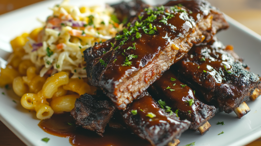 Beef chuck riblets plated with mac and cheese and coleslaw.