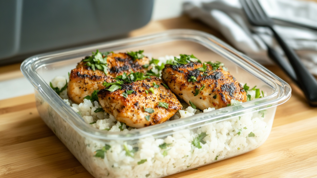 Leftover forgotten chicken recipe stored in a meal-prep container for easy reheating.