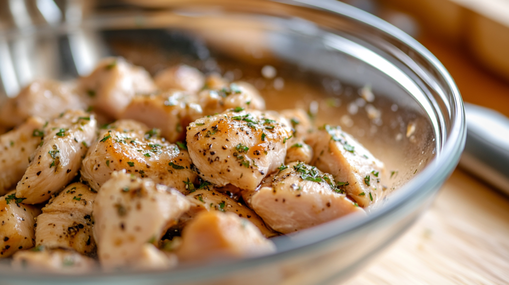 Chicken pieces marinating in brine for tenderness