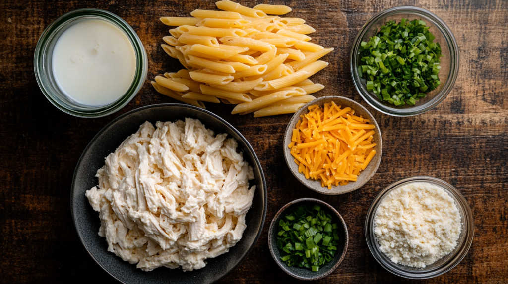 Ingredients for crack chicken penne recipe laid out on wooden table
