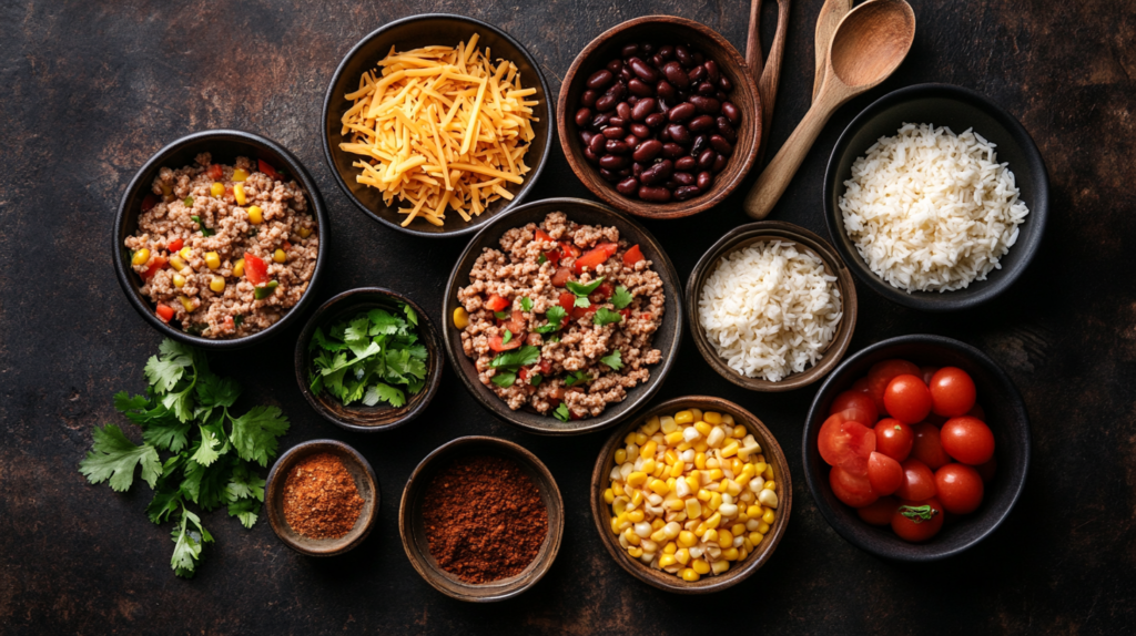 Ingredients for ground turkey taco casserole laid out in prep bowls