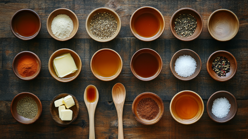 Essential ingredients for a rich and flavorful brisket marinade, including beef broth, Worcestershire sauce, and seasonings.