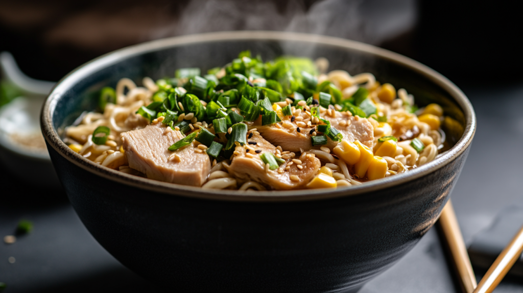 Chicken broth instant noodle bowl with toppings