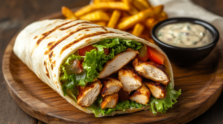 Grilled chicken wrap recipe with juicy chicken, fresh vegetables, and sauce on a wooden plate.