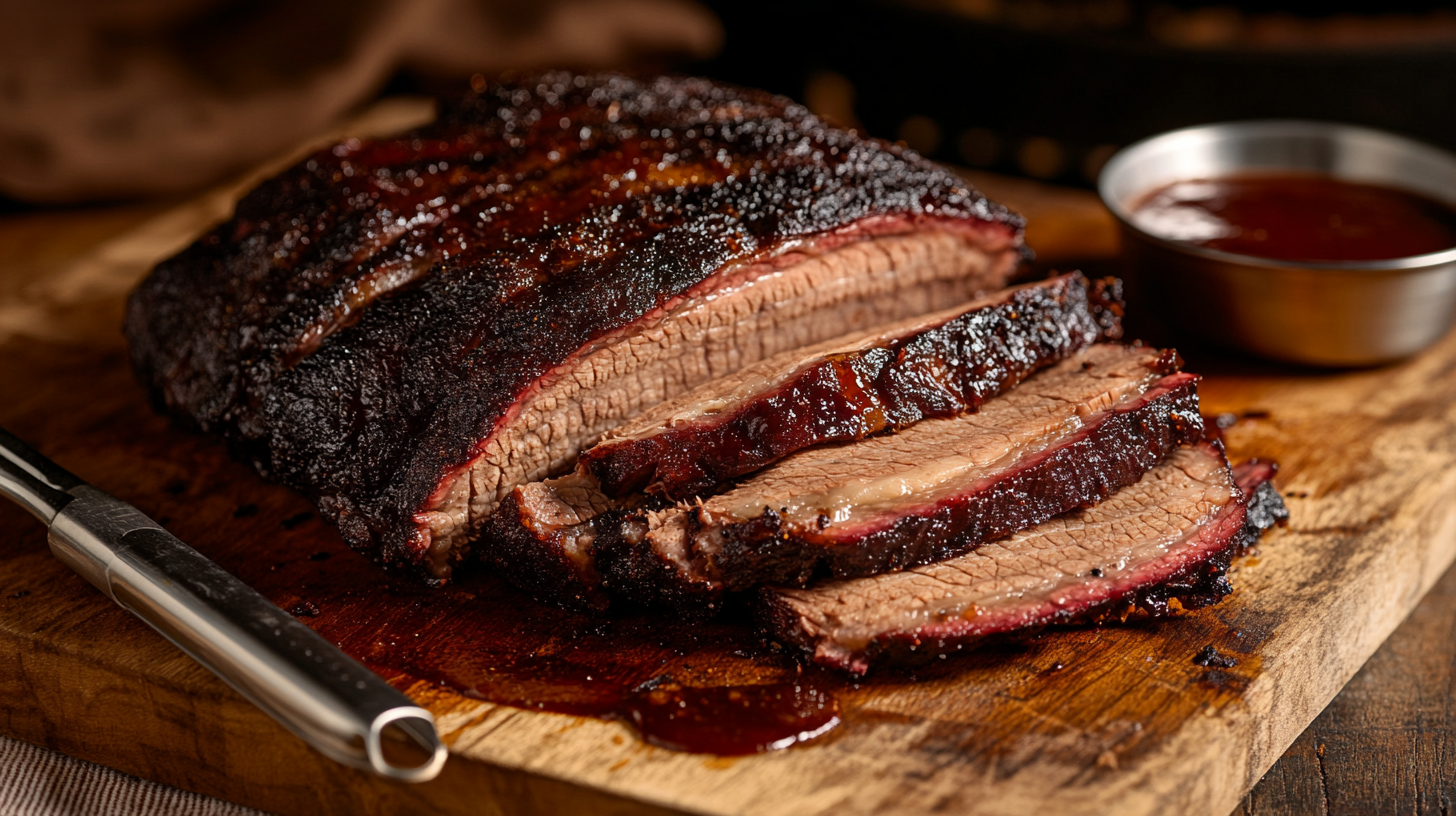 Juicy sliced beef brisket with a smoky bark and tender interior, showcasing the result of a perfect beef brisket injection recipe.