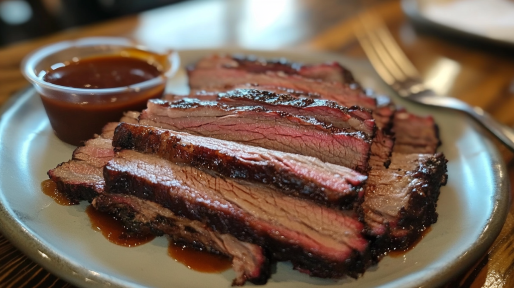  Sliced beef brisket with a pink smoke ring and a side of BBQ sauce, showcasing perfect moisture and tenderness.