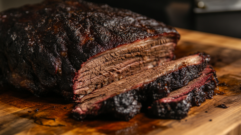 Classic smoked beef brisket being sliced with a juicy pink smoke ring one of the best smoked beef recipes.