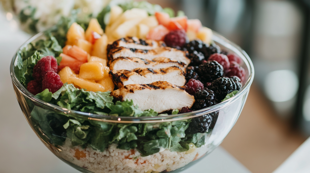 Layered Chick Fil A Market Salad with chicken and fruit