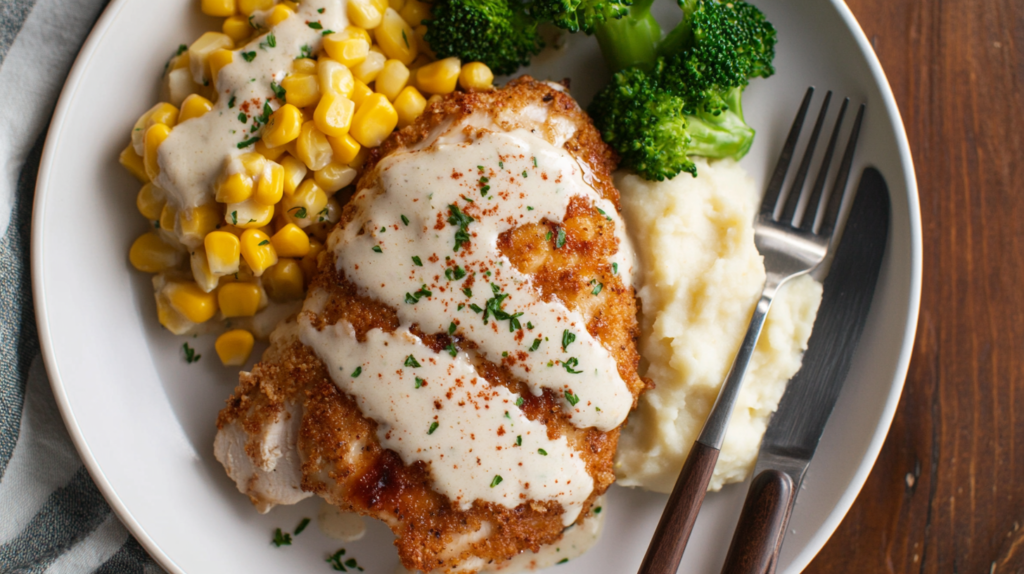 A beautifully plated Longhorn Chicken breast topped with parmesan crust and creamy garlic sauce, served with buttered corn, mashed potatoes, and steamed broccoli.