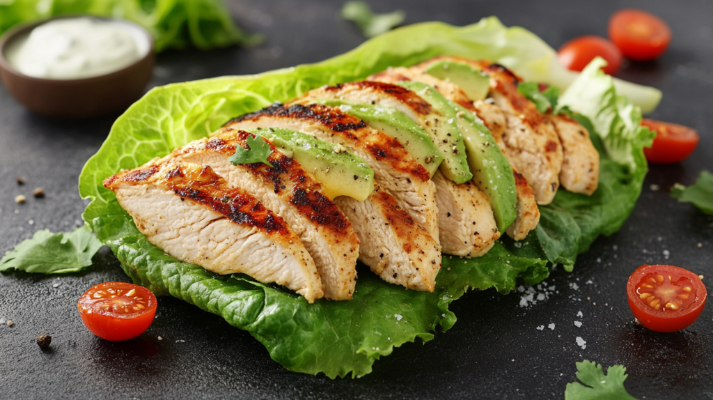 Low-carb grilled chicken lettuce wrap with fresh vegetables and sauce.