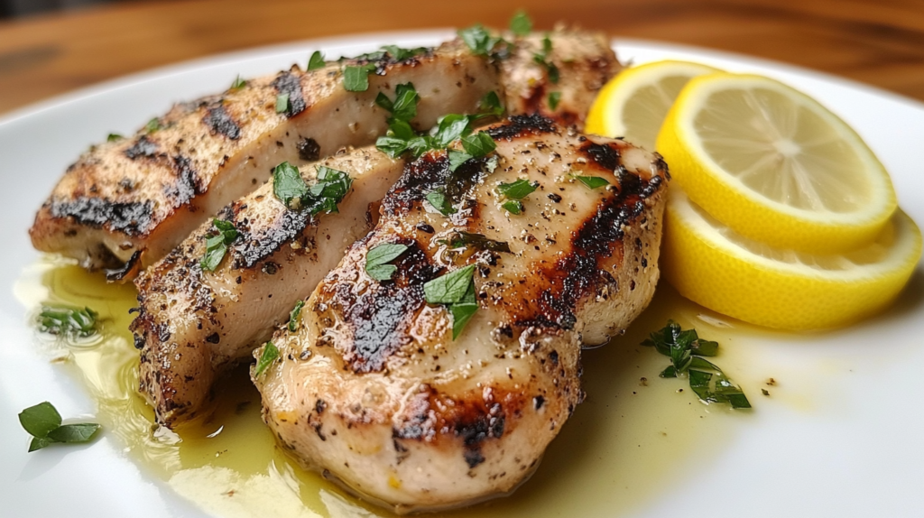 Grilled lemon herb chicken with fresh parsley and lemon slices.