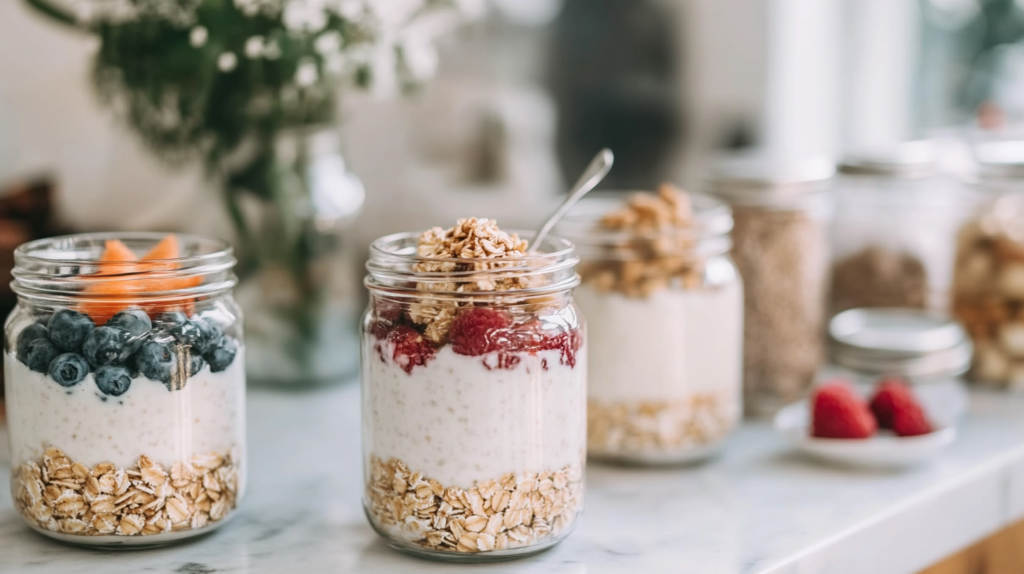 Overnight oats in jars for make-ahead breakfast potluck