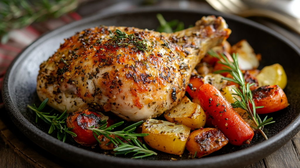 Mediterranean herb roasted chicken with golden crispy skin.