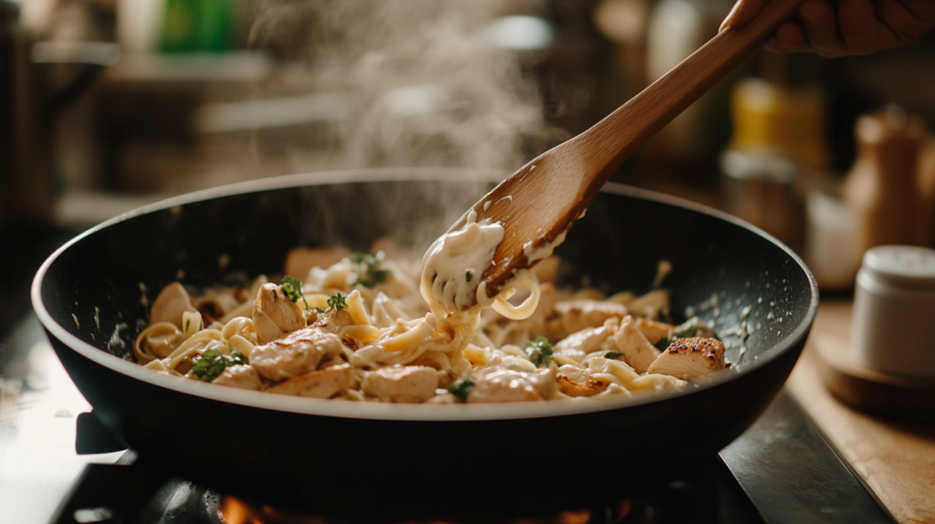 Combining pasta, chicken, and Alfredo sauce in skillet