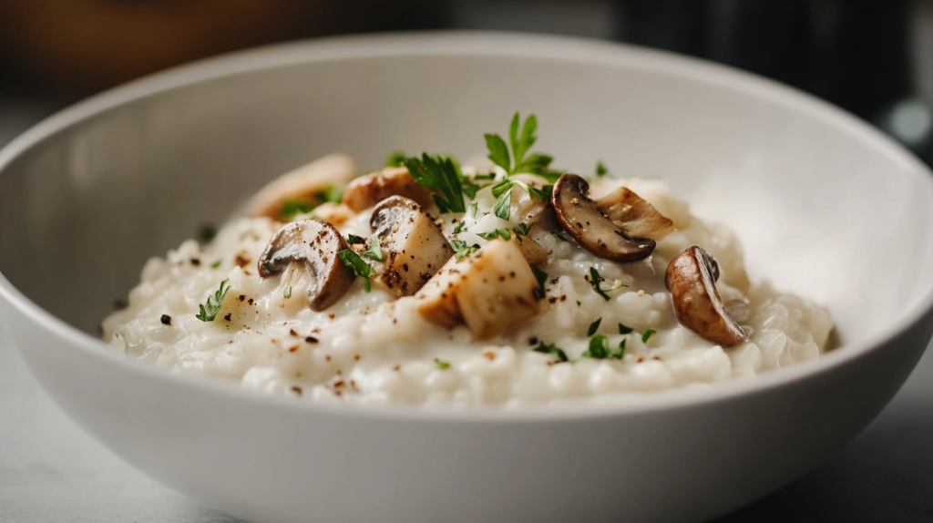 Mushroom risotto made with chicken broth