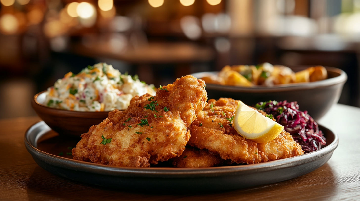Crispy NBC Chicago Himmel chicken snitzel recipe with lemon and traditional German sides.
