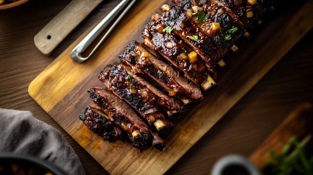 Overhead shot of sliced smoked beef back ribs on a cutting board