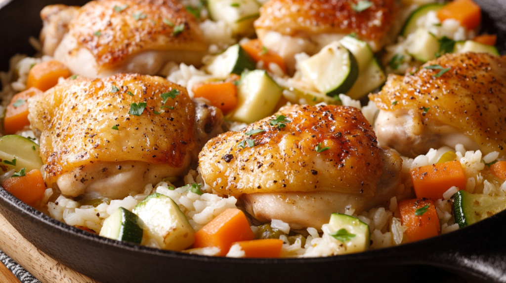 One-pan low FODMAP chicken and rice in a cast-iron skillet.