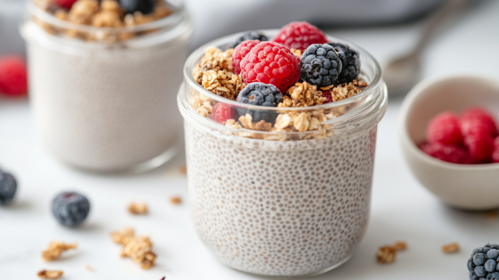 Chia pudding with berries and granola as no egg high protein breakfast