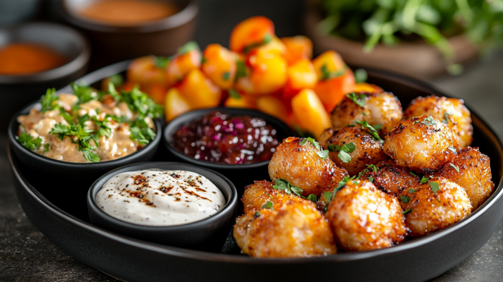 Party platter of chicken minis served with dipping sauces and fresh fruit.