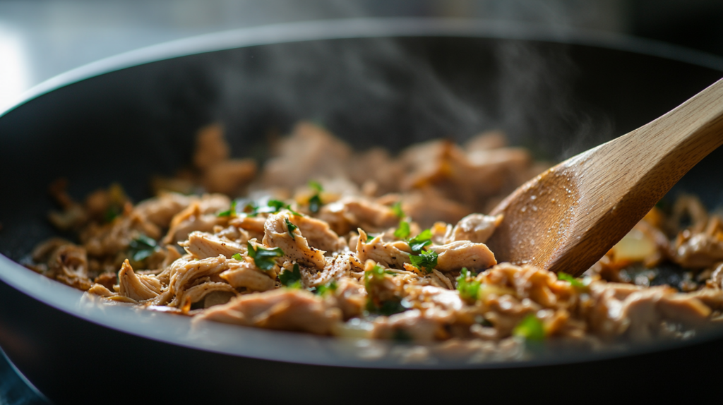 Seasoned chicken filling for chicken pastry recipe being cooked in a skillet