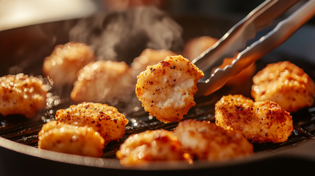Chicken nuggets grilling with perfect char marks