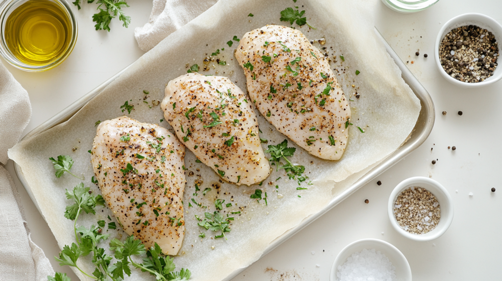 Seasoned raw chicken breasts on parchment-lined tray