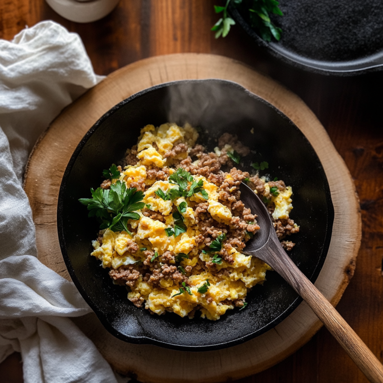 Easy ground beef and eggs recipe served hot in a cast iron skillet