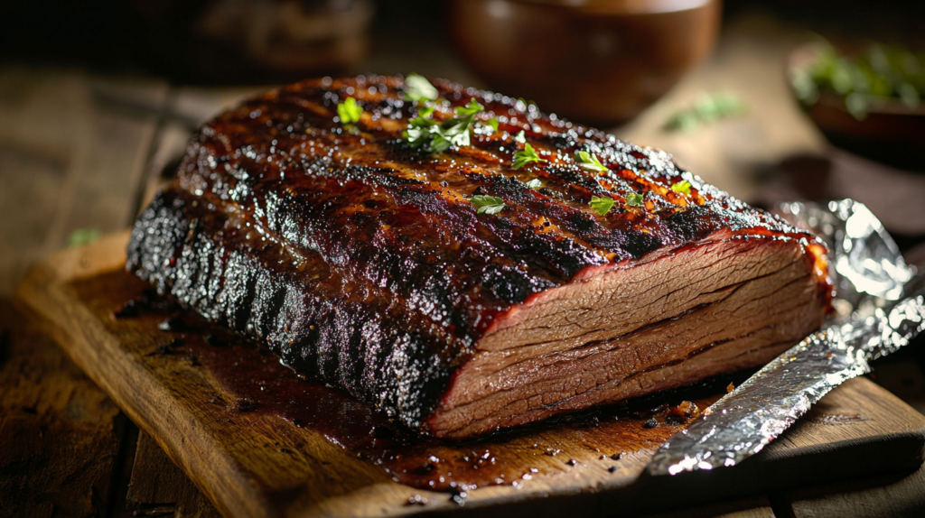 Whole beef brisket resting on a wooden board, covered lightly with foil to retain moisture.