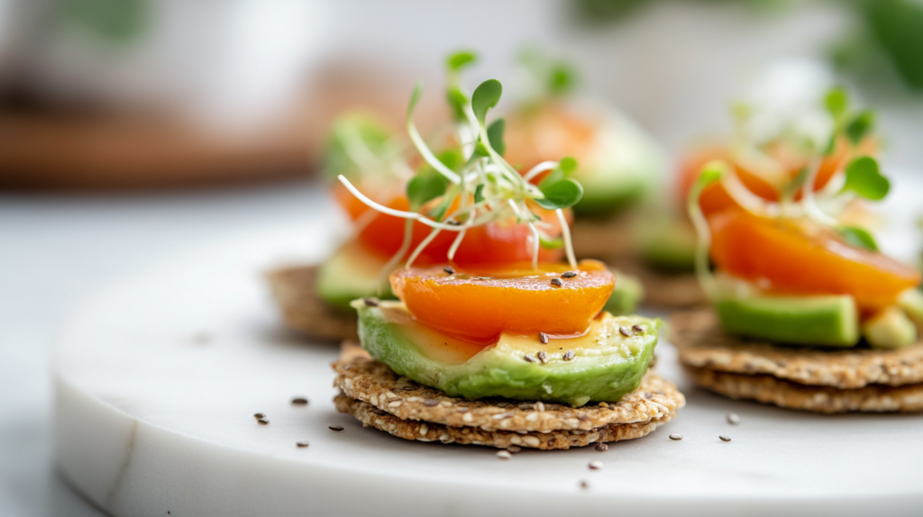 Avocado toast bites on crackers for no-cook breakfast