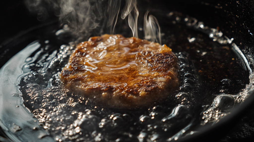 Wagyu ground beef patty searing in a cast-iron skillet.