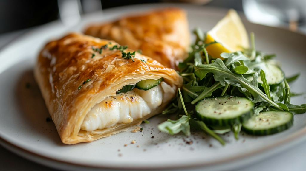 Plated fish pasty with salad and lemon wedge