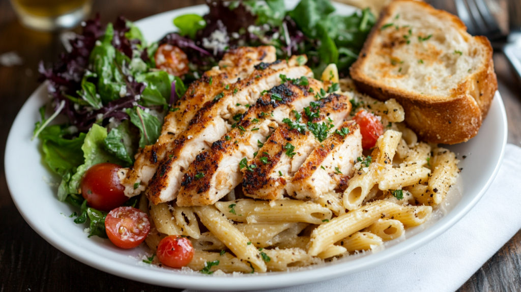 Crack chicken penne recipe served with salad and garlic bread