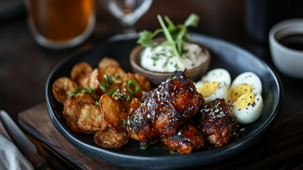 Carnivore plate with Delmarva BBQ chicken and egg sides