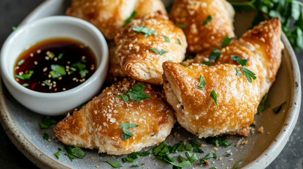 Crispy golden chicken pastries served with dipping sauce and fresh herbs
