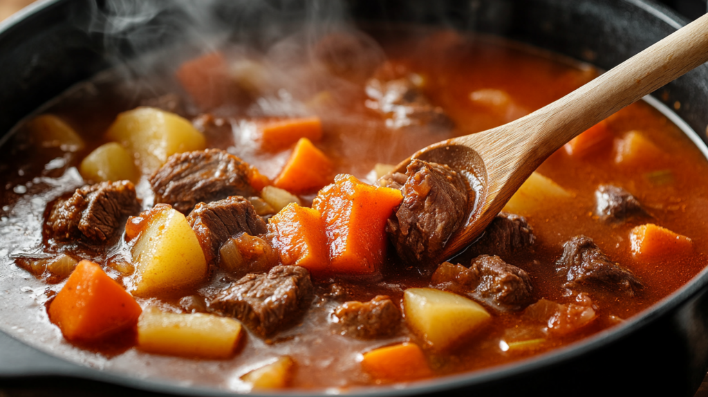 Hawaiian Beef Stew simmering in a Dutch oven with beef, potatoes, and carrots.