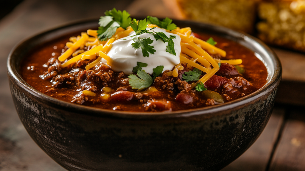 A bowl of slow-cooked beef chili with toppings.