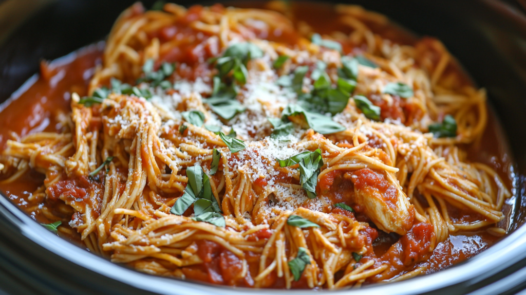 Slow-cooked chicken marinara shredded and served over pasta with Parmesan and fresh basil.