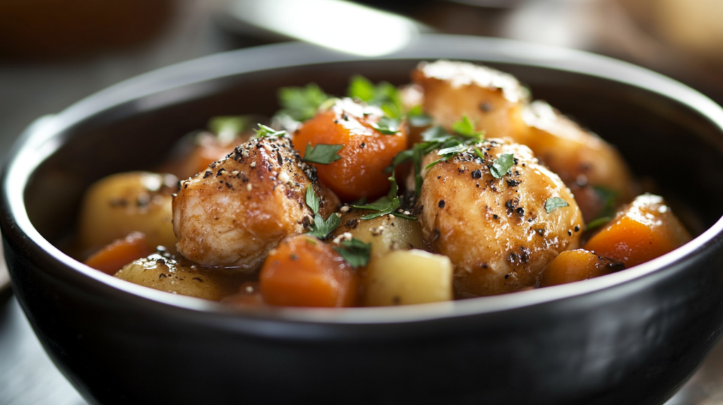 Slow cooker chicken stew with vegetables in a rich broth.