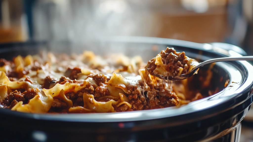 A crock pot with cheesy lasagna layers