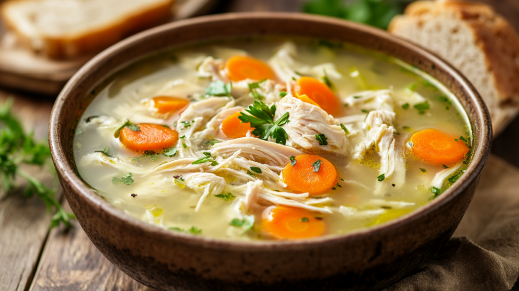 A bowl of slow-cooked low FODMAP chicken soup with shredded chicken and carrots.
