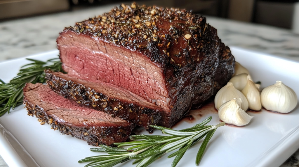 Smoked beef roast with garlic and herb crust, sliced into juicy pieces.