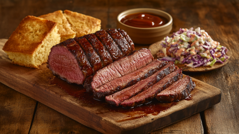Smoked beef recipes slices with a pink smoke ring on a wooden board, served with coleslaw and BBQ sauce.