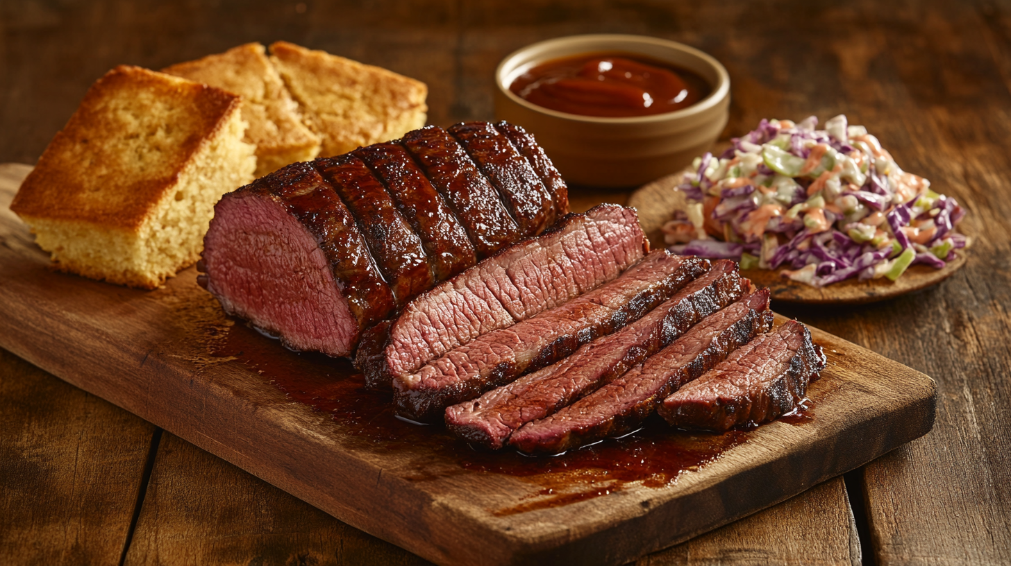 Smoked beef recipes slices with a pink smoke ring on a wooden board, served with coleslaw and BBQ sauce.
