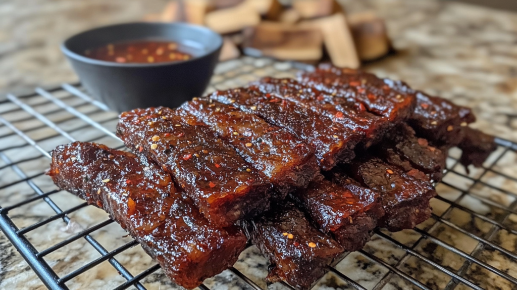 Spicy smoked beef jerky on a wire rack with chili flakes and seasoning.