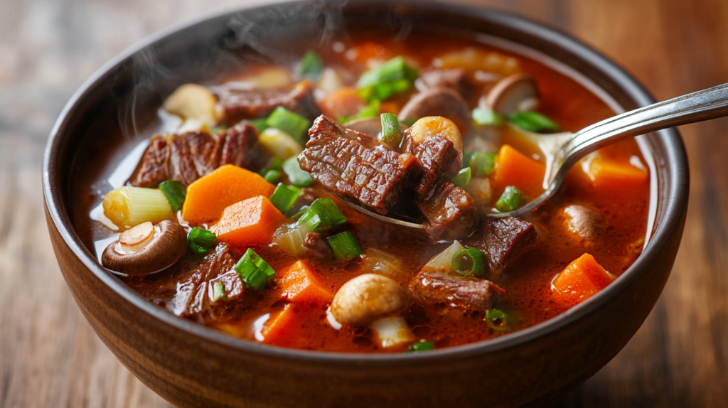A spicy beef jerky soup with mushrooms, carrots, and green onions in a red broth.