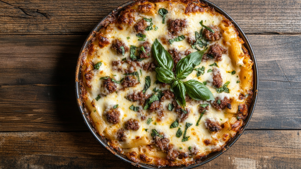 Cheesy beef sausage pasta bake fresh out of the oven.