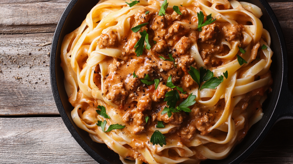 Spicy Cajun ground chicken pasta in a creamy sauce with parsley.
