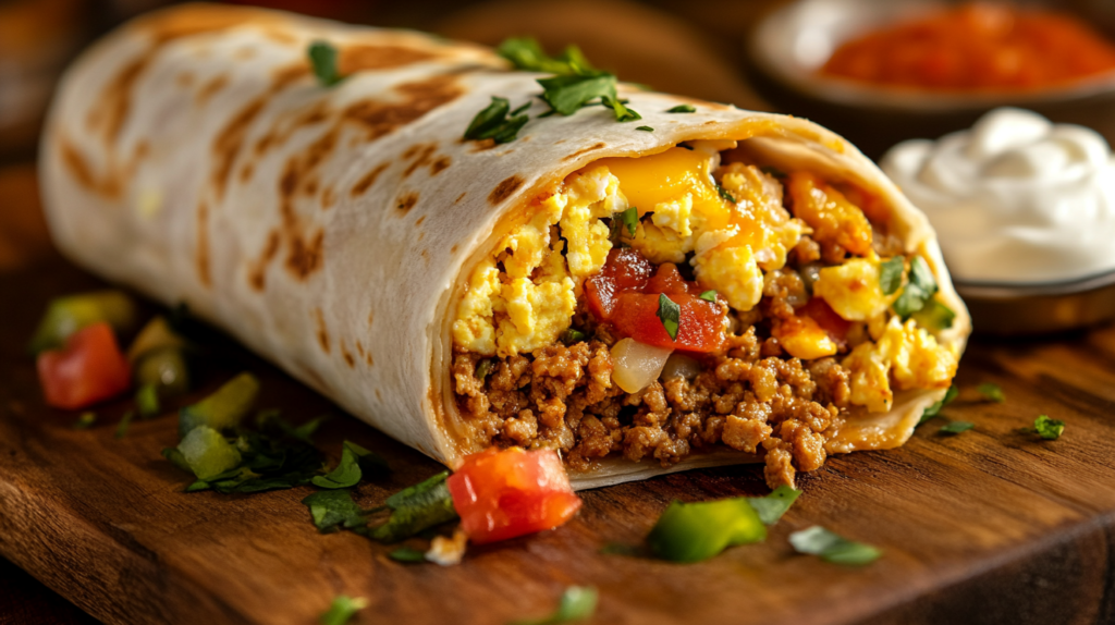 A spicy chicken breakfast burrito filled with scrambled eggs, cheese, and salsa, served with sour cream.
