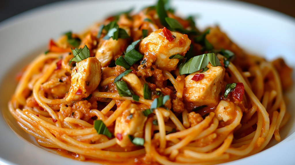 Spicy ground chicken arrabbiata pasta with red sauce and basil.